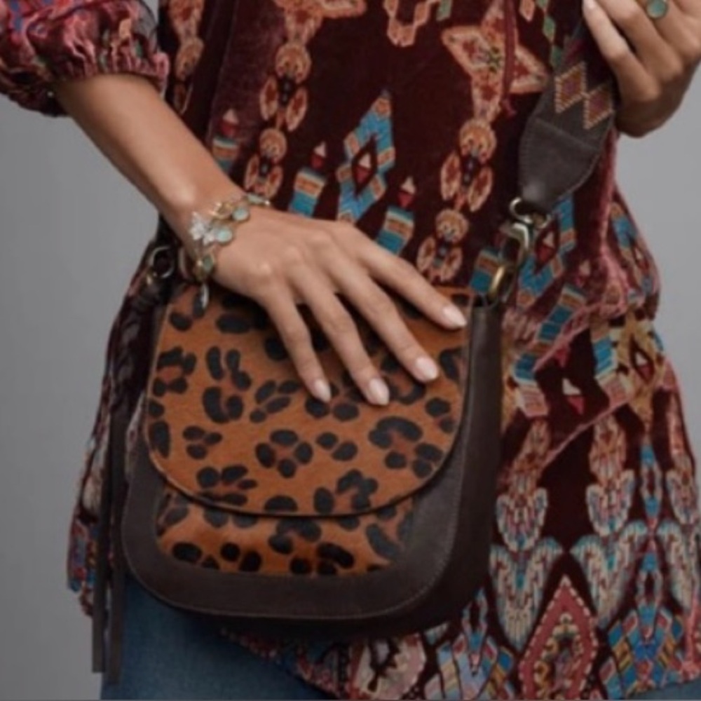 Johnny Was Leopard Print hairon and Brown leather Crossbody Purse